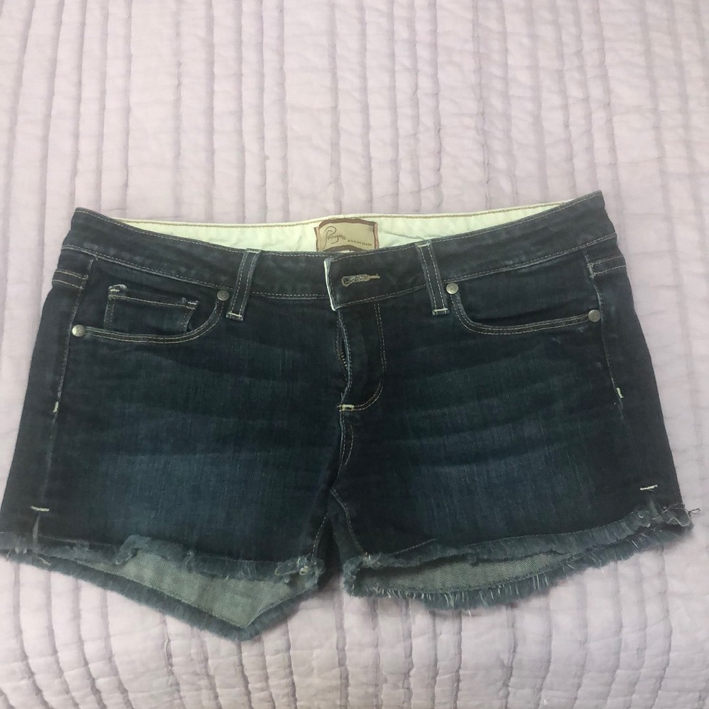 Paige denim shorts, dark wash.
